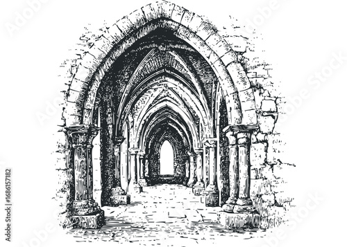 Gothic Stone Archway Corridor with Ornate Pillars and Textured Walls. Vector hand drawn illustration