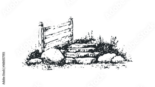 Stone Staircase with Wooden Fence and Foliage. Vector hand drawn illustration