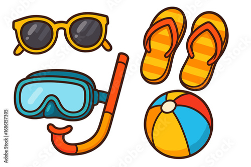 Summer beach essentials icon set. Vector cartoon collection with sunglasses, flip flops, snorkel diving mask and beach ball. Fun holiday and vacation items for play and relaxation.