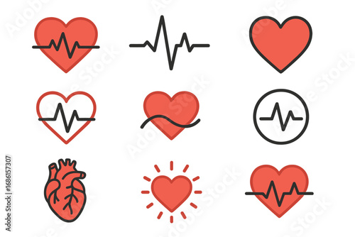 Heartbeat line and heart icon collection. Cardiogram, ECG pulse, and anatomical heart symbols for medical, health, and wellness concepts. Vector cartoon cardiology illustration.