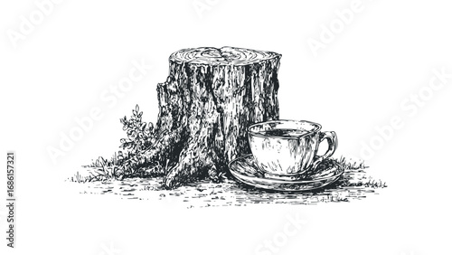 Hand-drawn sketch of a coffee cup and saucer next to a tree stump. Vector hand drawn illustration