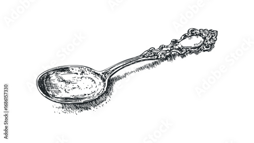 Ornate antique spoon with decorative handle, hand-drawn sketch on transparent background. Vector hand drawn illustration