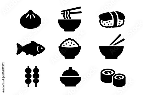 Asian food solid glyph icon set. Japanese and Chinese cuisine symbols. Vector icons for sushi, ramen noodles, rice bowl, fish, dumpling, maki roll, skewers for a restaurant menu.