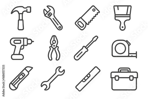 Construction tool outline icon set. Hand tools for DIY, building, and home repair. Vector line art icons for carpentry and renovation. Hammer, saw, drill, wrench, toolbox.
