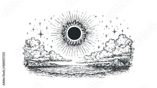 Celestial sun over ocean and mountainous coastline with celestial bodies. Vector hand drawn illustration