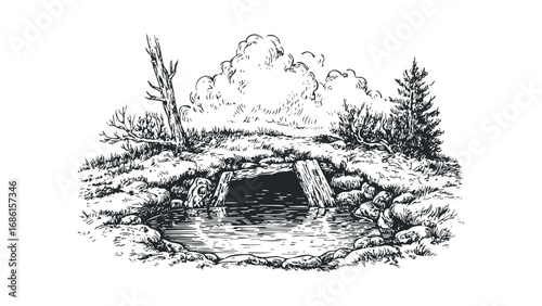 Ink drawing of a rustic wooden bridge over a stream with lush vegetation and textured clouds. Vector hand drawn illustration