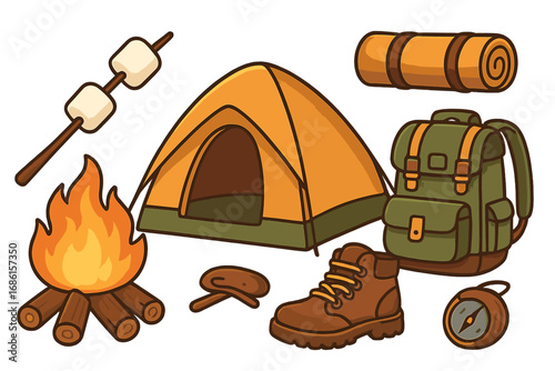 Camping and hiking essentials vector set. Outdoor adventure equipment collection with tent, campfire, backpack, marshmallows, boot, compass. Isolated cartoon clipart icons.