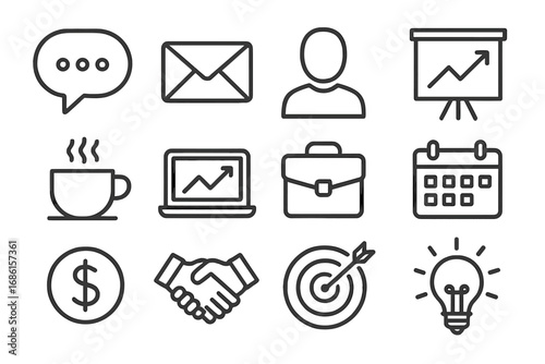 Business and communication linear icon set. Essential symbols for corporate identity, marketing, and finance. Vector icons for web, interface, presentation, and strategy.