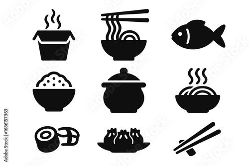 Asian food solid icon set. Chinese and Japanese cuisine glyph collection. Vector icons of noodle, rice, sushi, fish, dumplings, and takeout box. Traditional meal symbols.