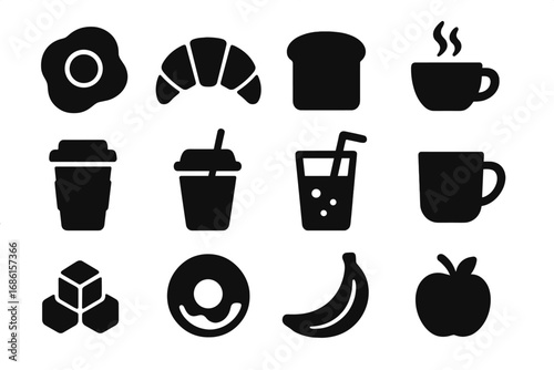 Breakfast food and drink silhouette icon set. Vector collection of morning meal essentials. Coffee, tea, croissant, toast, egg, donut, fruit icons for cafe and restaurant menu.