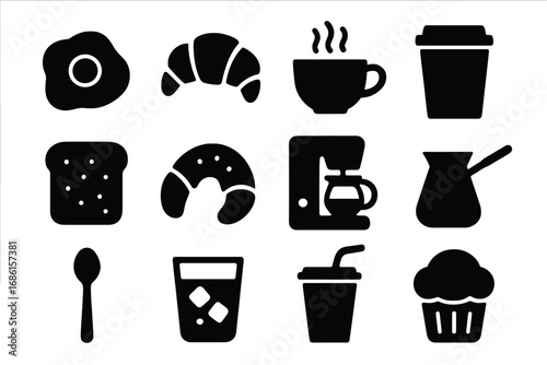 Breakfast food & coffee beverage silhouette icon set. Vector symbols for cafe menu, restaurant & bakery. Morning meal glyphs: egg, croissant, toast, muffin, hot drink.
