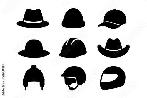 Hat and helmet silhouette icon set. Headwear collection for fashion, sports, and work. Vector icons of fedora, beanie, cap, hard hat, cowboy, and various motorcycle helmets.
