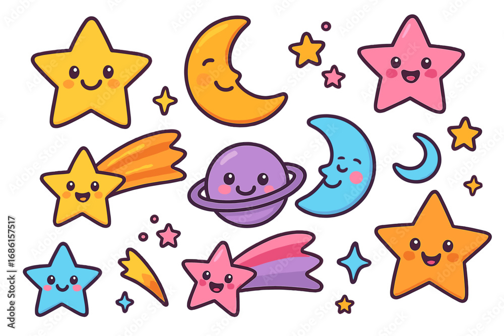 Fototapeta premium Cute kawaii celestial characters set. Cartoon smiling star, moon, comet and planet. Galaxy space clipart for kids and baby. Vector illustration collection isolated on white background.