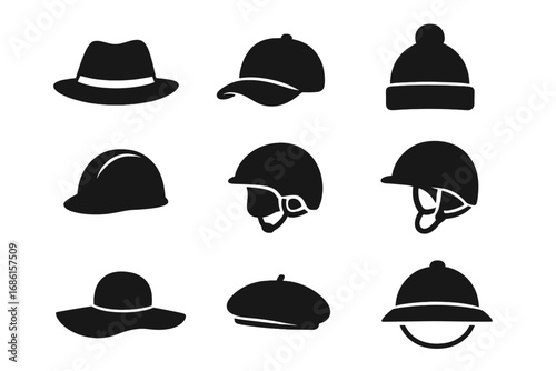 Hat and helmet silhouette icon set. Headwear fashion and sports accessories collection. Vector icons of fedora, cap, hard hat, beret, beanie, equestrian and riding helmet.