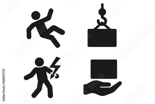 Hazard and safety icons. Solid filled icon set for hazardous work conditions. Warning symbols for falling, crane hazard, electrical shock, and manual heavy lifting. Vector pictograms.