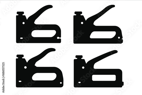 Staple gun silhouette set for construction and repair. Vector illustration of a collection of heavy-duty tacker tools. Black isolated icons for DIY, workshop, and hardware.