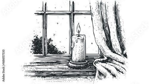 Candle burning on a windowsill at night with dramatic curtains. Vector hand drawn illustration