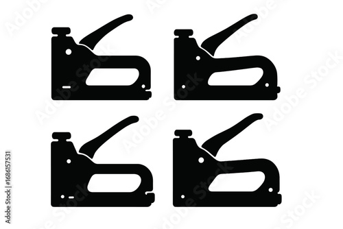 Set of staple gun silhouettes. Vector illustration of a construction hand tool. Black and white icon collection for DIY, repair, woodworking or upholstery projects. Tacker symbol.
