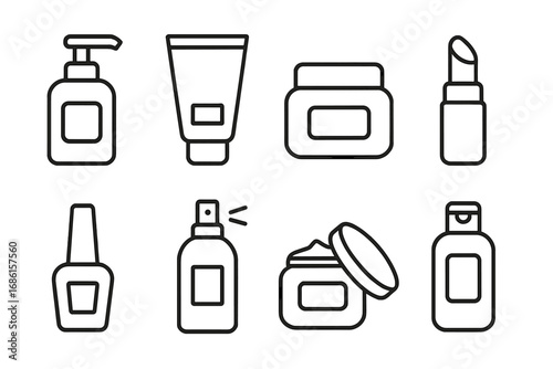 Cosmetic product line icon set. Beauty, skincare, and glamour essentials. Vector outline symbols for lotion, cream, lipstick, nail polish, and shampoo. Makeup collection.
