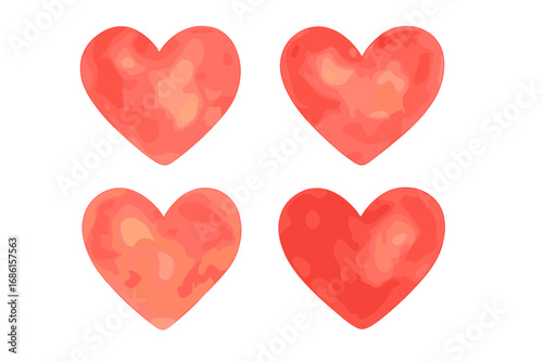 Vector set of four red watercolor hearts. Romantic love symbol for Valentine's Day, wedding card, anniversary. Hand-drawn artistic illustration with soft texture. Isolated design.