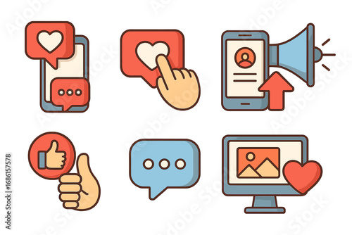 Social media marketing icon set. Vector icons for digital engagement, likes, comments, and sharing. Communication symbols for online community, promotion and content strategy.