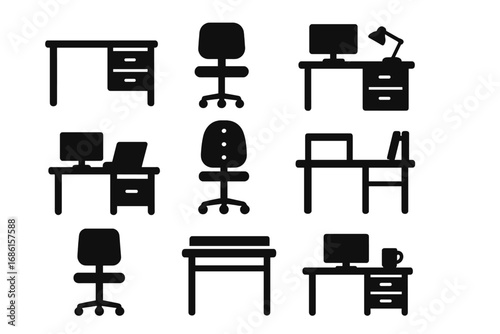 Office furniture silhouette icon set. Desk, chair, computer and workspace icons collection. Workplace, cabinet and interior elements. Vector cartoon illustration pictogram.