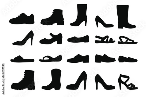 Shoes and boots silhouette icon collection. Footwear vector set includes heels, sandals, sneakers, and loafers. Man and woman fashion apparel. Isolated black graphic elements.