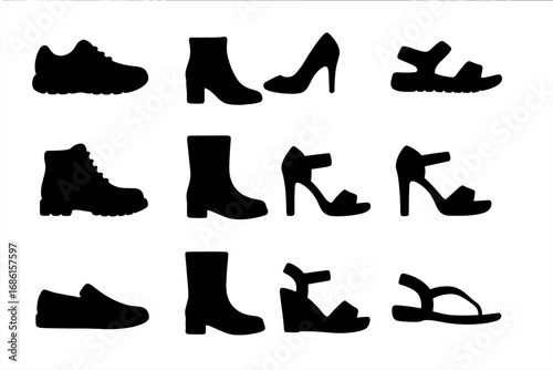 Footwear silhouette icon set. Black graphic collection of shoes, boots, heels, sandals, sneakers and loafers. Vector illustration for fashion design. Isolated shoe shapes.