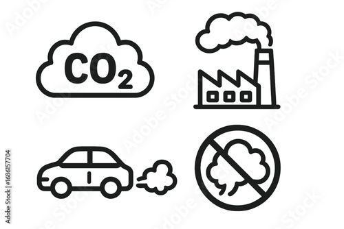 Carbon dioxide emissions icon set. CO2 pollution from car exhaust and factory smoke. Air quality and climate change concept. Clean energy and environmental vector symbols.