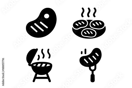 Grill barbecue solid icon set vector. Steak meat and sausage cooking icons in solid glyph style. BBQ food concept. Outdoor picnic and cookout pictogram collection. Isolated.