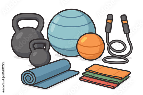 Fitness equipment set with kettlebell, exercise ball, jump rope, yoga mat, and resistance bands. Vector illustration for gym workout, strength training, and wellness concept.