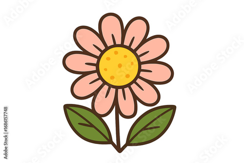 Cute cartoon flower icon. Simple floral vector illustration. Pink daisy chamomile with green leaves isolated. Nature plant symbol for spring summer kids design greeting card.