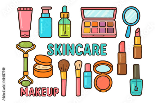 Skincare and makeup beauty products collection. Vector cartoon illustration set of cosmetic icons. Cream, serum, lipstick, eyeshadow, brush, jade roller, nail polish. Flat design.