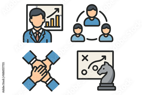 Business management icon set. Teamwork, collaboration, strategy. Corporate growth, partnership, success. Planning, analysis, presentation. Unity, tactics, game plan vector.