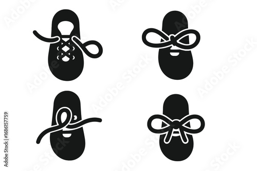 How to tie a shoe lace icon set. Step by step instruction manual for lacing shoes. Guide showing knot, loop, and bow process. Solid vector glyphs for tutorial or guide.