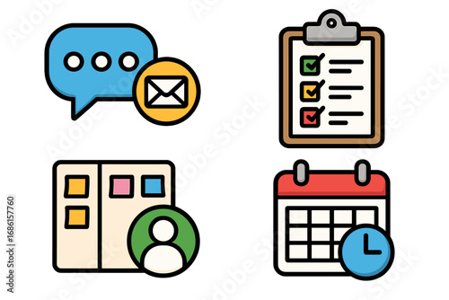 Business icon set for online collaboration and project management. Vector icons for communication, scheduling, and task management. Remote work and productivity tools concept.