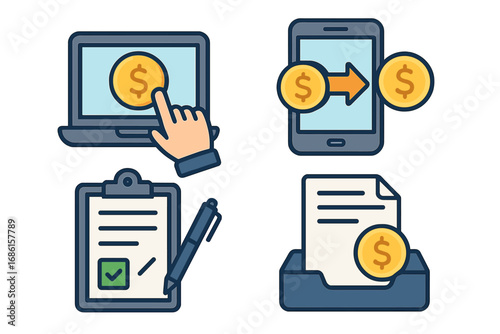 Financial icons set. Online payment, mobile money transfer, digital banking, invoice document, checklist contract. Business finance technology vector illustration collection.