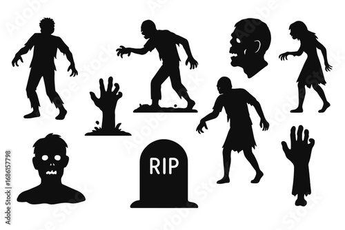Zombie silhouette icon set for Halloween. Spooky horror collection of undead monsters. Walking dead characters, hand from grave, and tombstone. Apocalypse vector graphic elements.