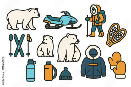Winter activities icon set. Polar bear, snowmobile, skiing, hiking and gear. Arctic wildlife and outdoor exploration vector collection. Cartoon illustration elements.