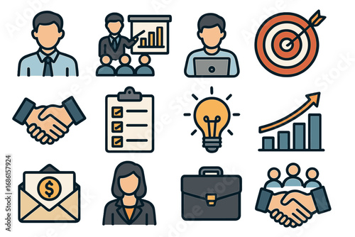 Business and finance line icon set. Professional activity signs. Strategy, management, career, growth, teamwork, success. Vector illustration collection for web and mobile.