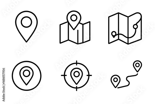 Location map outline icon set. Navigation, GPS, positioning signs collection. Vector line symbols for destination, route, direction. Map pin, marker, and target icons for web.