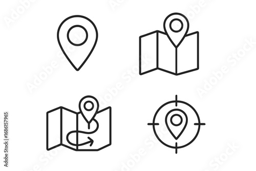 Location map line icon set. Navigation, GPS, and positioning symbol collection. Vector icons for pin, marker, route, destination, and target. UI UX outline graphic elements.