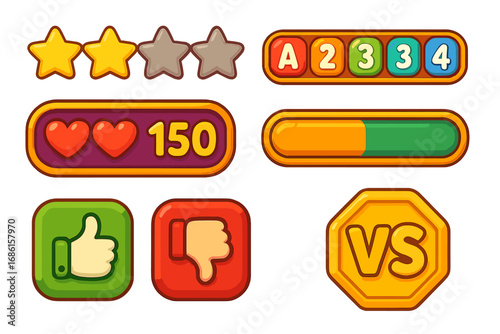 Game UI kit with colorful cartoon interface elements. Vector set of buttons, icons for player rating, health bar, lives, and versus screen. GUI for mobile or web games.
