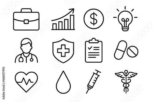 Business and healthcare outline icons set. Medical finance, health insurance costs, medicine investment concept. Vector symbols for doctor, money, chart, idea, pills.