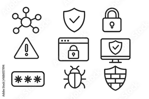 Vector icon collection for cybersecurity and network protection. Outline symbols for internet safety, data privacy, firewall, antivirus, secure password, and malware bug.