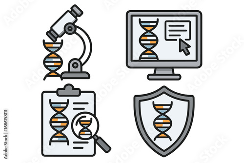 Genetics icon set. DNA research, scientific analysis, and gene technology concept. Vector icons of microscope, bioinformatics on computer, and genetic data privacy protection.