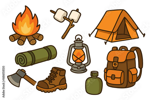 Camping equipment and hiking gear icon set. Vector cartoon collection with campfire, tent, backpack, boots, lantern, and marshmallows for outdoor adventure and survival.