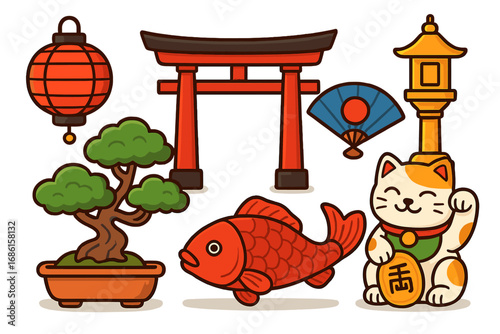 Set of Japanese culture symbols. Cartoon vector icons. Traditional Japan collection with Torii gate, Maneki Neko lucky cat, koi fish, bonsai tree, lantern and fan illustration.