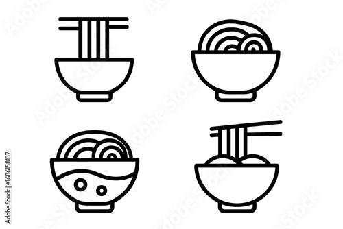 Noodle soup outline icon set. Asian cuisine ramen bowl vector illustration. Minimalist line art symbol for Japanese or Chinese restaurant menu. Simple food graphic element.