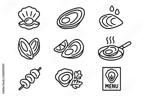 Oyster seafood line icon set. Fresh mollusk, clam, mussel outline icons. Gourmet food delicacy vector. Restaurant menu symbol. Raw shellfish with lemon, fried in pan.